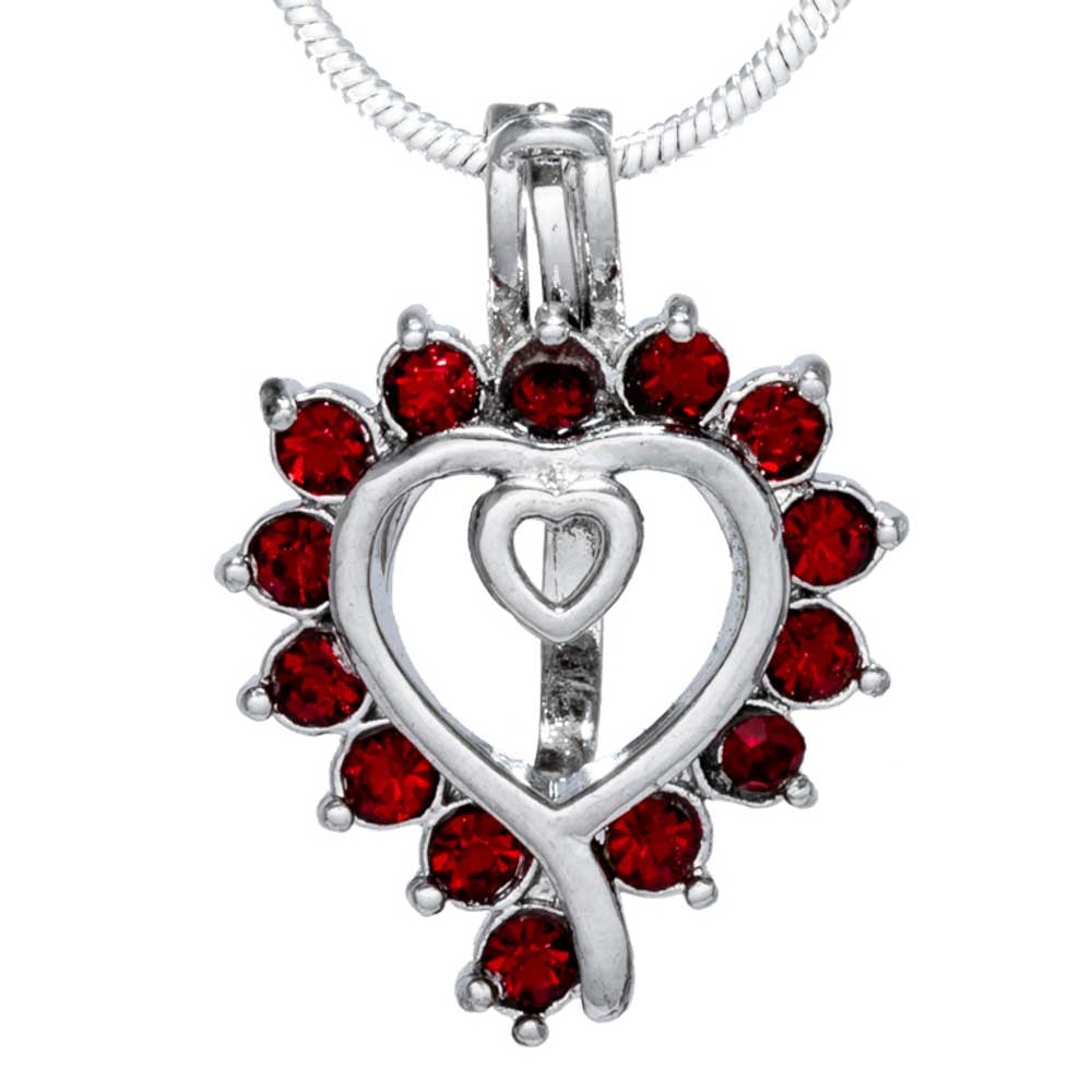 Cage Pendant Silver Plated - Red Rhinestone Heart