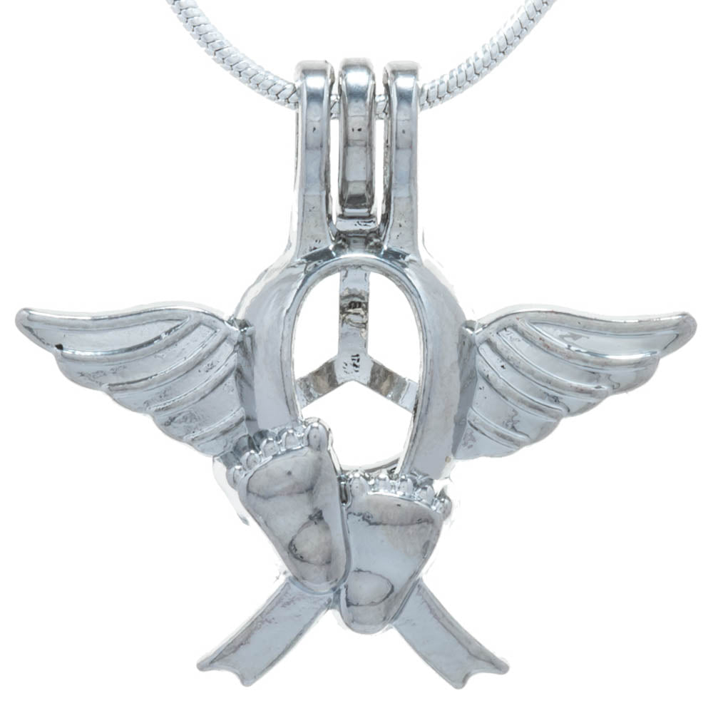 Cage Pendant Silver Plated - Baby Feet Wings Ribbon