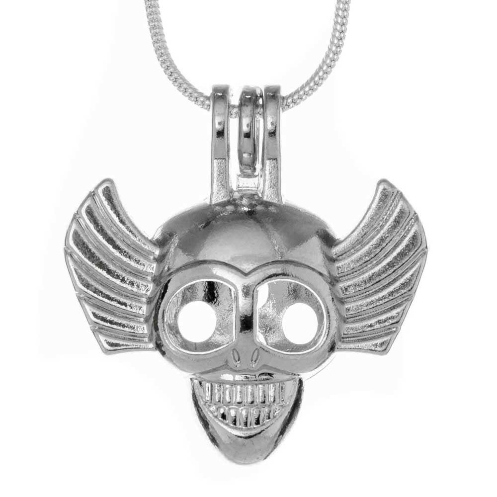Cage Pendant Silver Plated - Flaming Skull Grinning