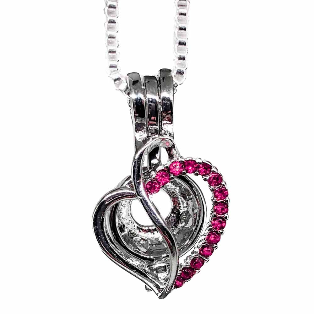 Cage Pendant Silver Plated - S Heart Pink Rhinestones