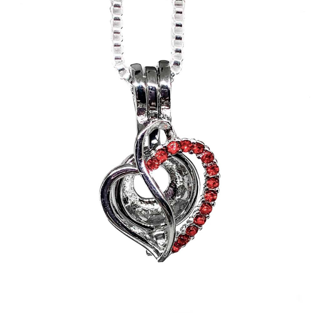 Colgante de jaula Corazón de remolino central chapado en plata con diamantes de imitación rojos