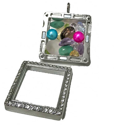 Glass Locket Pendant Magnetic - Square Glass Rhinestones