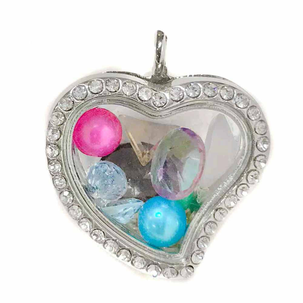 Glass Locket Pendant Magnetic - Heart Rhinestones