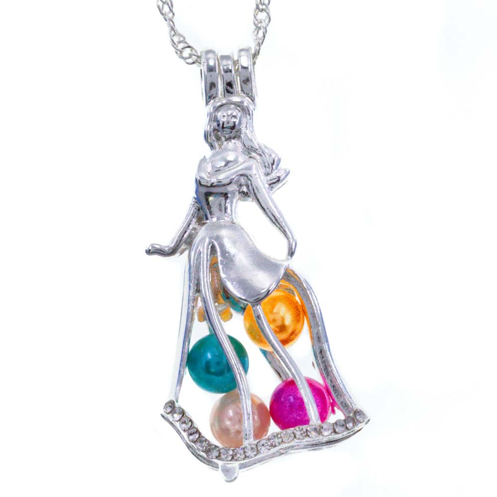 Cage Pendant Silver Plated - Princess Rhinestone Dress with Beads