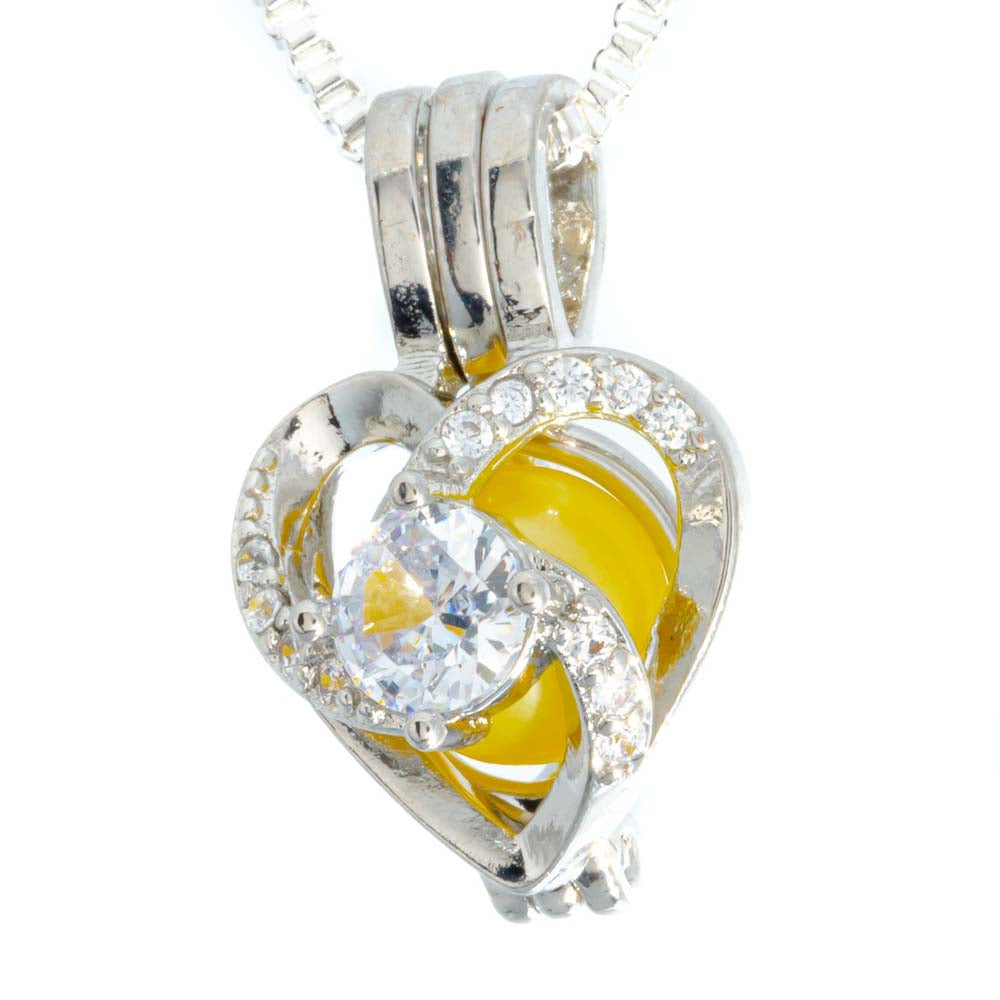 Cage Pendant Silver Plated - Heart Swirl with Center Rhinestone