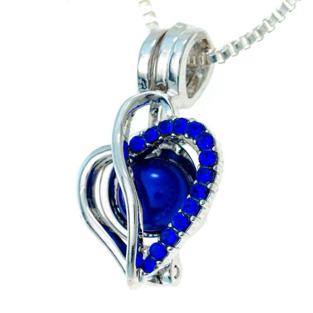 Cage Pendant Silver Plated - S Heart Blue Rhinestones