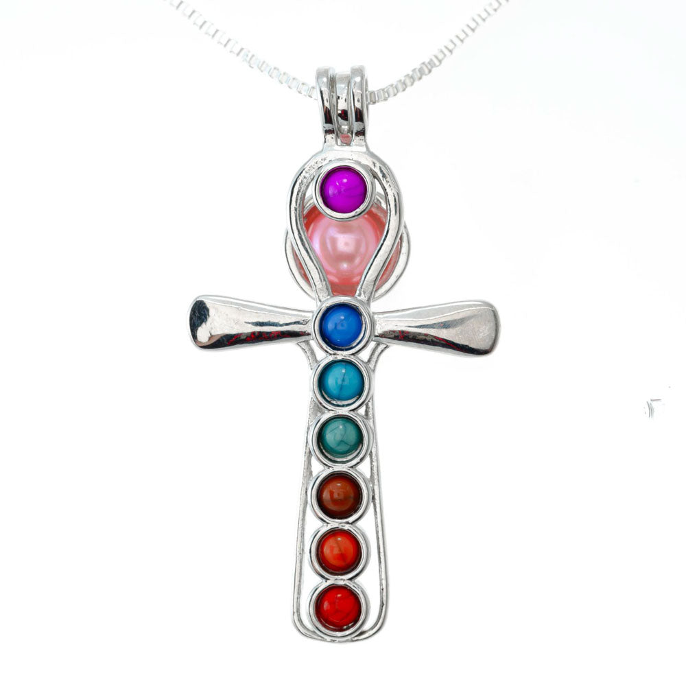 Cage Pendant Silver Plated - Cross with Embedded Beads