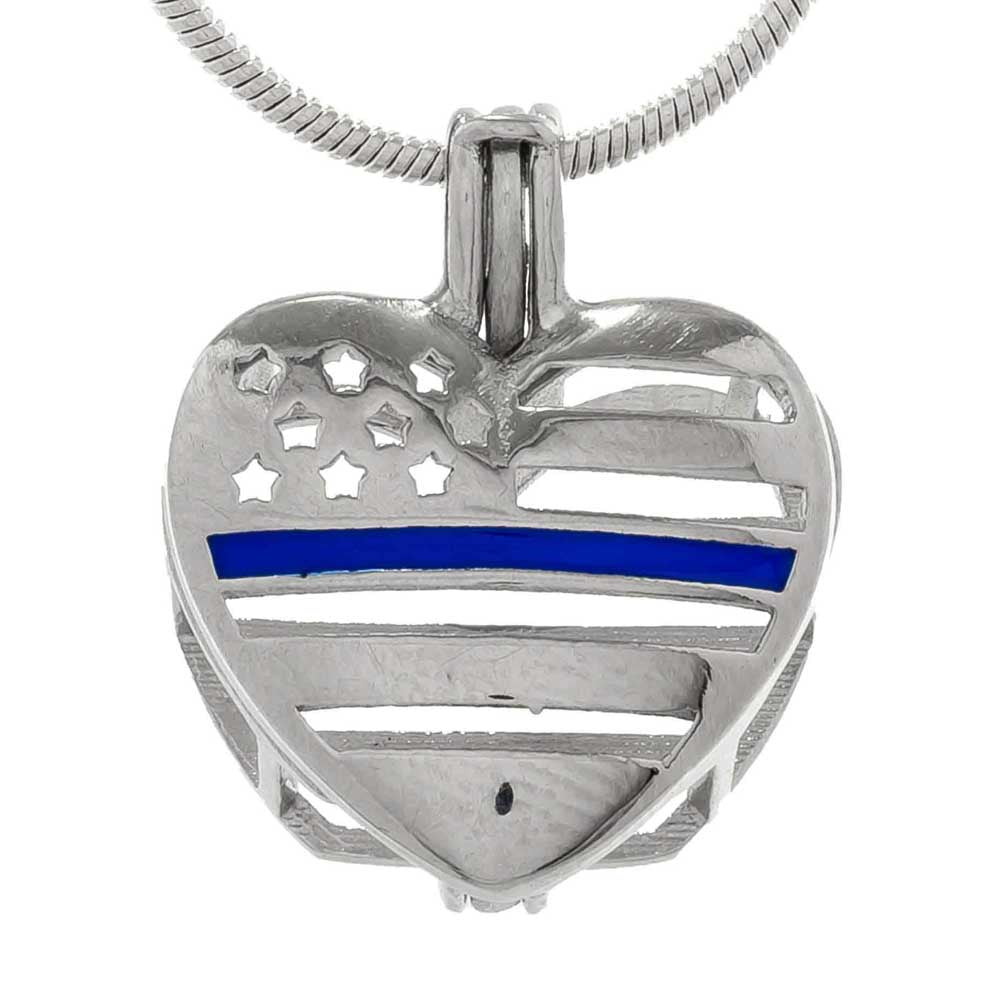 Cage Pendant 925 Sterling Silver - Heart Blue Line Flag