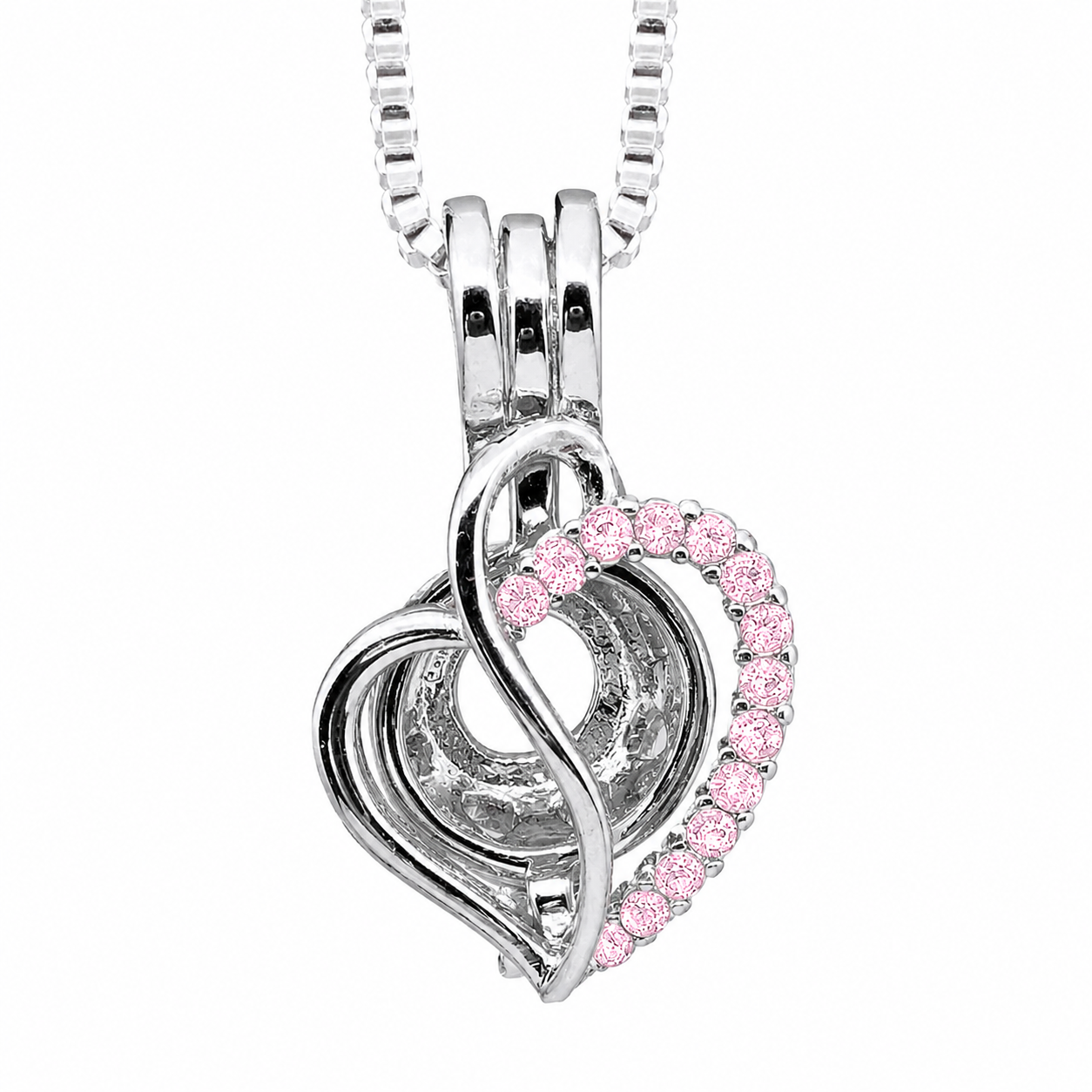 Colgante Jaula Corazón S Plateado con Strass Rosa