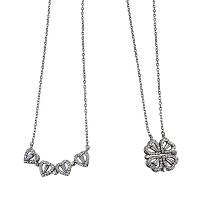 Changeable Magnetic 4 Leaf Clover and Heart Pendant Necklace Set .925 Sterling Silver with Rhodium Coating