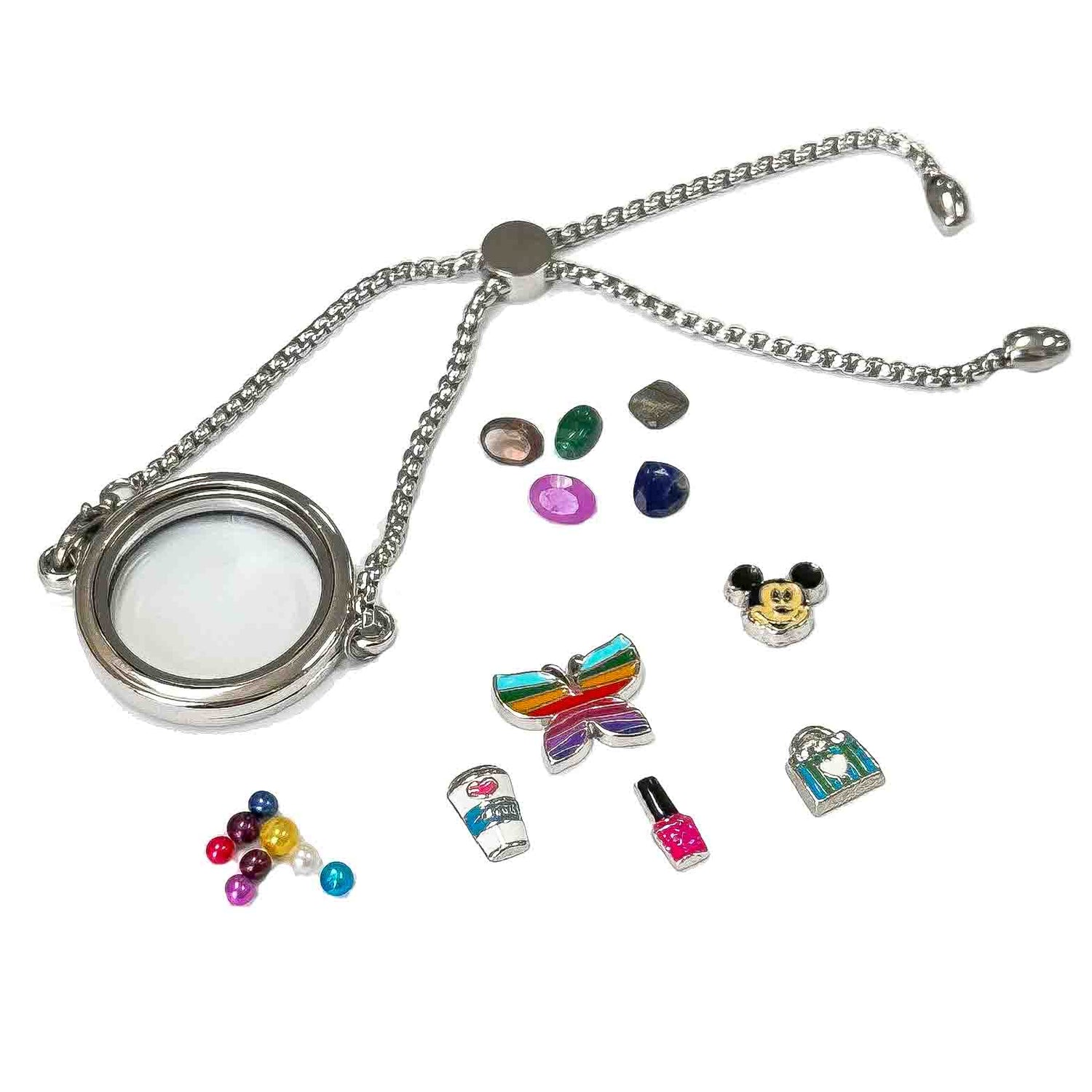 Glass (25mm) Locket Slider Bracelet Stainless Steel for Baby Pearls &amp; Gems, Charms