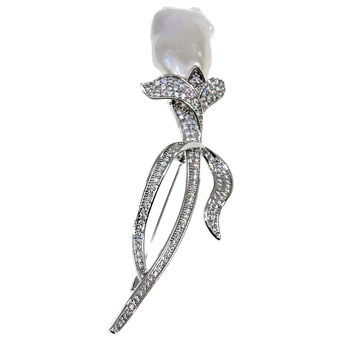 Brooch - Pin Rhinestone Large Baroque Pearl Silver Plated