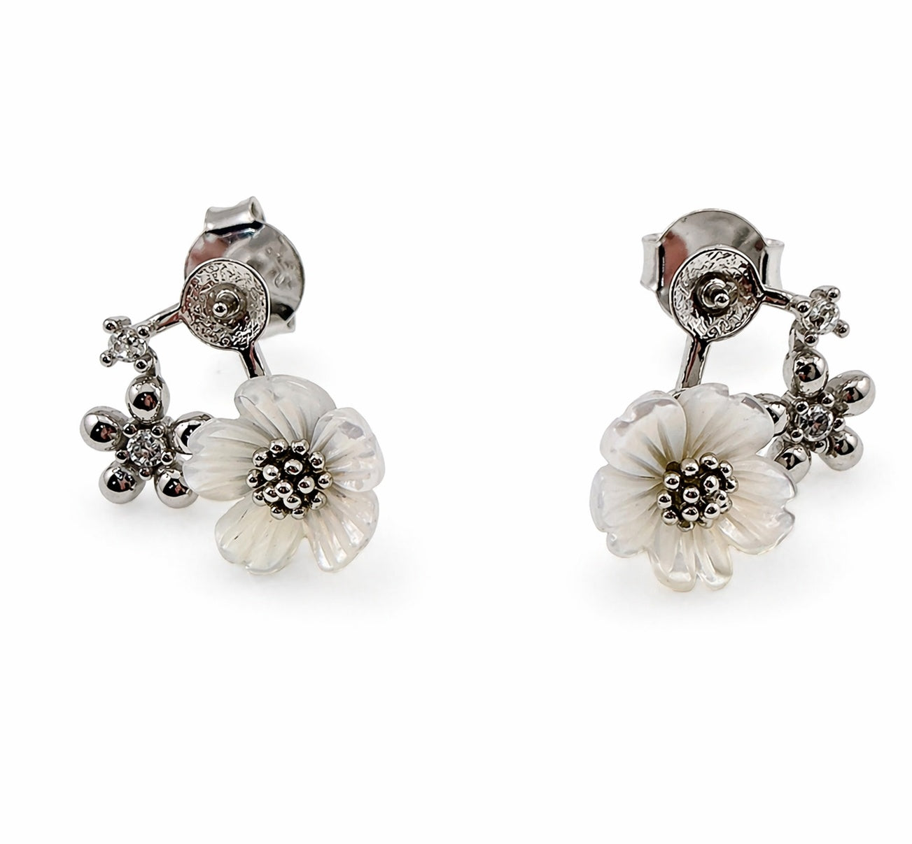 DIY Mount Adjustable Ring &amp; Earrings - 925 Sterling Silver Oyster Shell White Flower