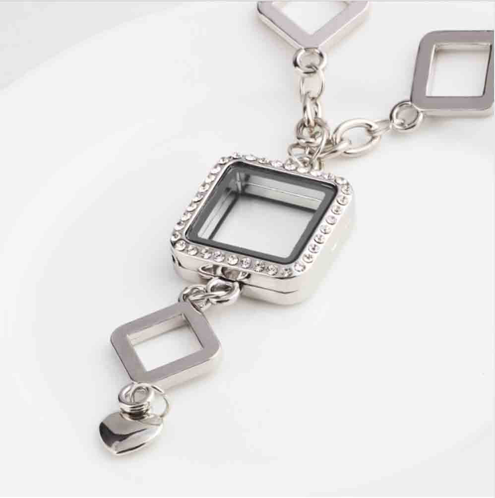 Glass Locket Bracelet Magnetic - Mini Square Diamond Links