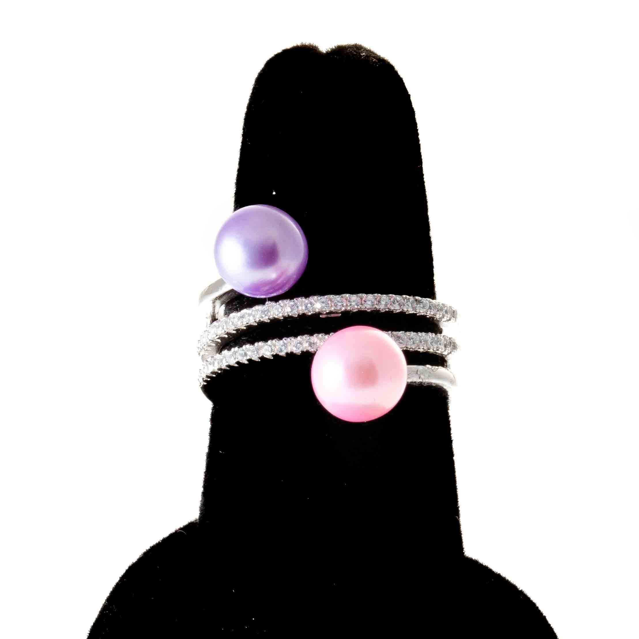 Anillo de perla doble con diamantes de imitación de remolino triple Montura de montura de plata esterlina (perla no incluida)