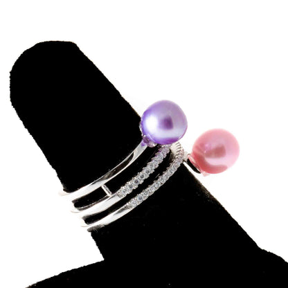 Anillo de perla doble con diamantes de imitación de remolino triple Montura de montura de plata esterlina (perla no incluida)
