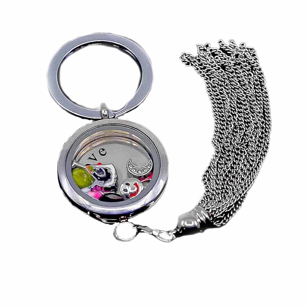 Glass Locket Keychain Magnetic - Tassel Round Smooth Stainless Steel