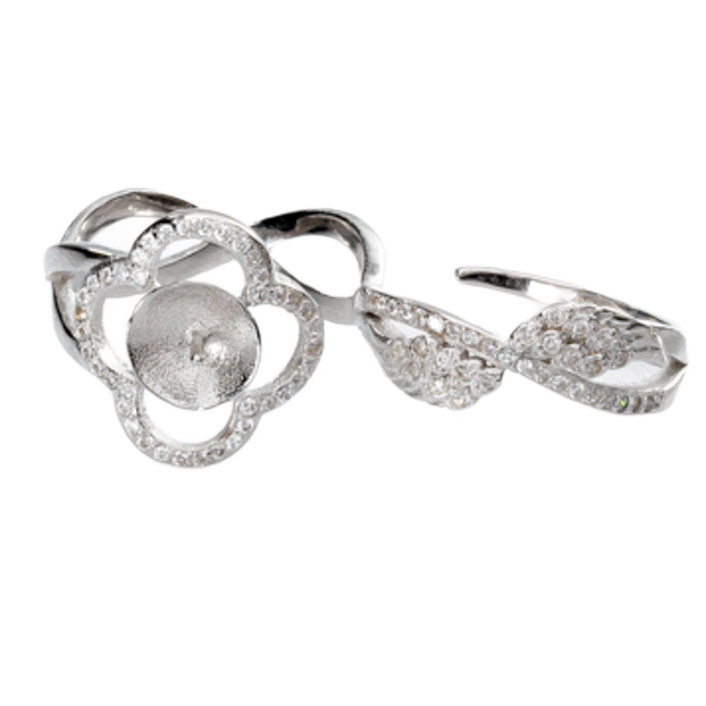 DIY Mount Adjustable Ring - 925 Sterling Silver Flower Crisscross Dual Finger Wrap