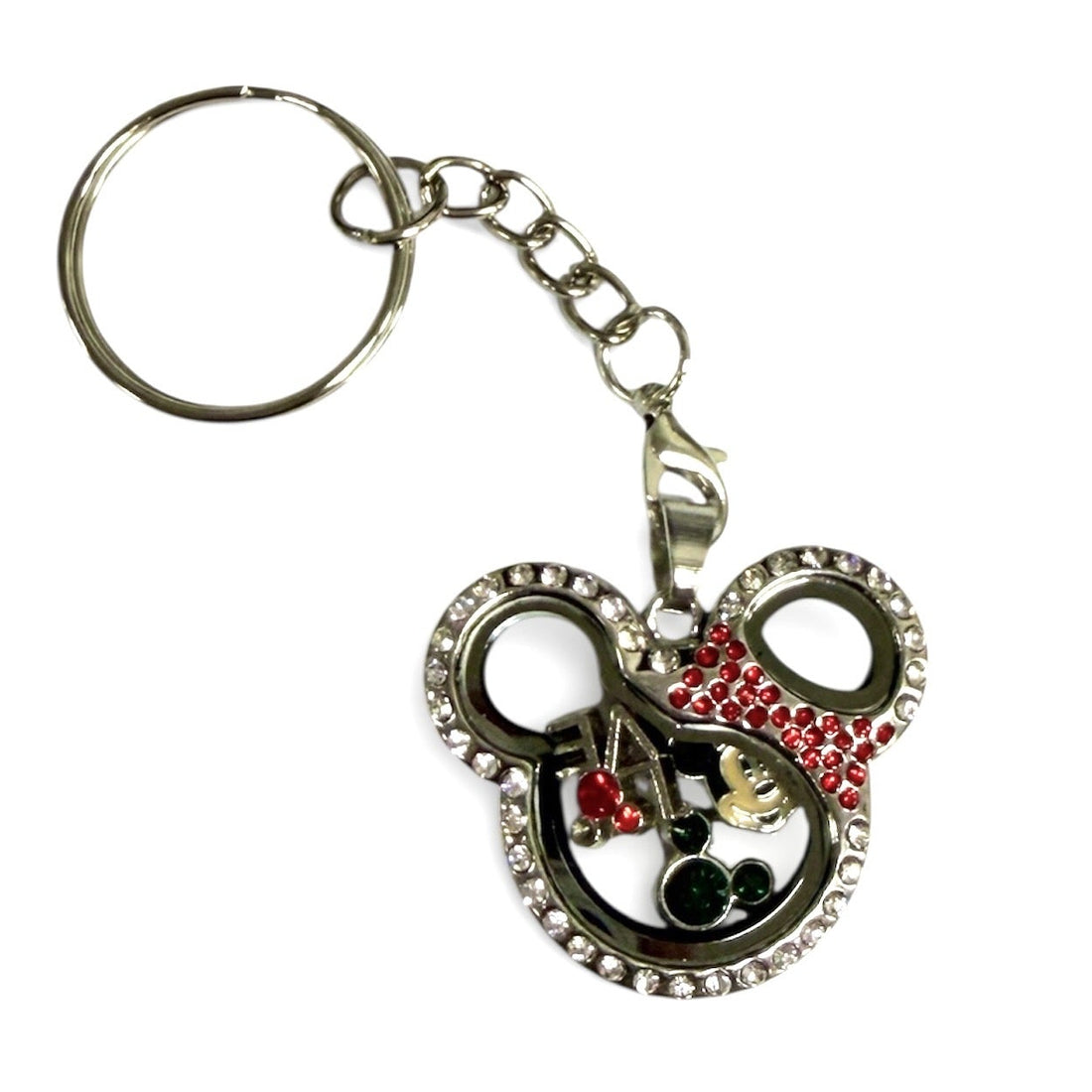 Glass Locket Keychain Magnetic - Mickey and Minnie Mouse Reversible Rhinestone