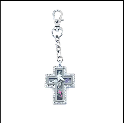 Glass Locket  Dangle Magnetic - Cross Rhinestone
