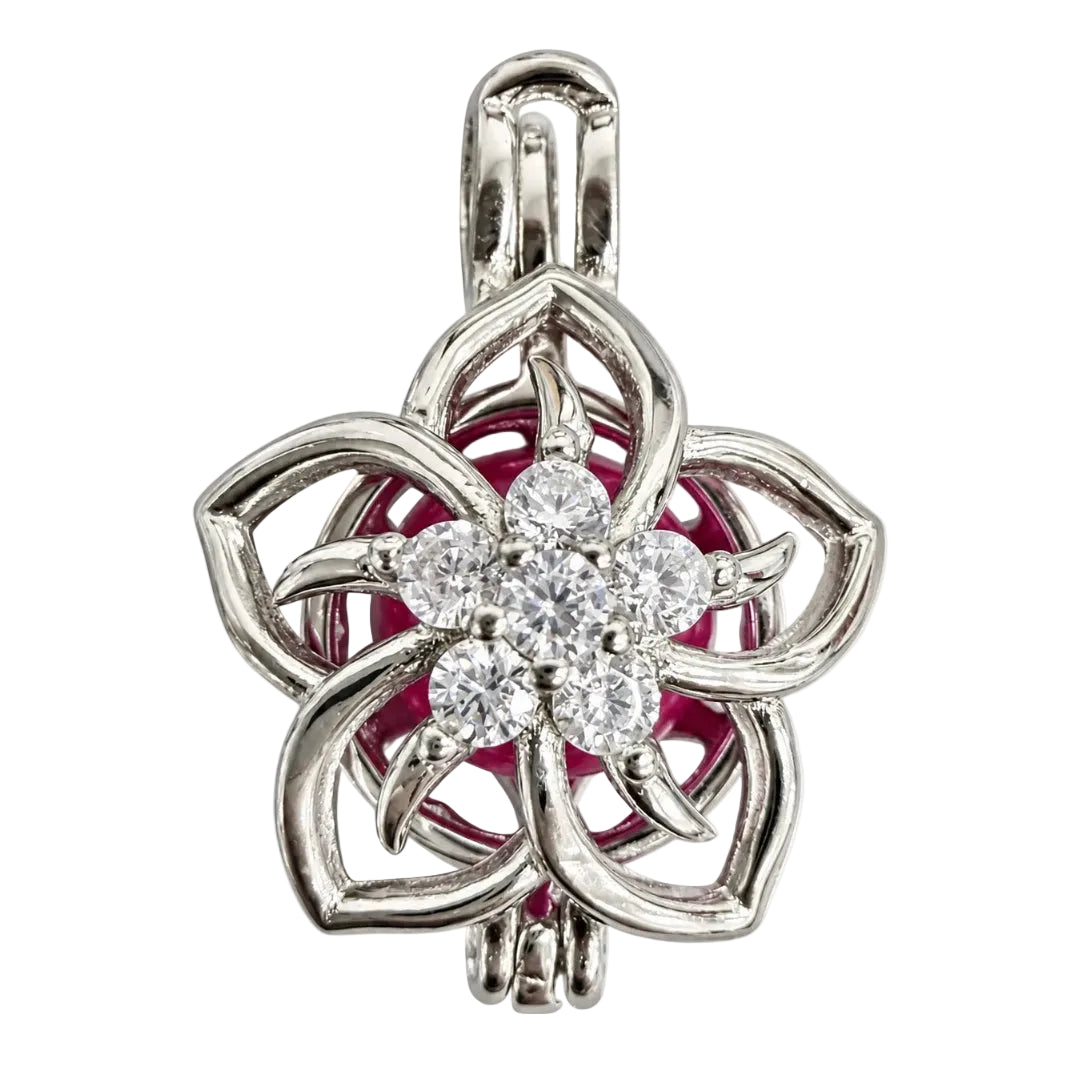 Cage Pendant 925 Sterling Silver - Rhinestone Flower
