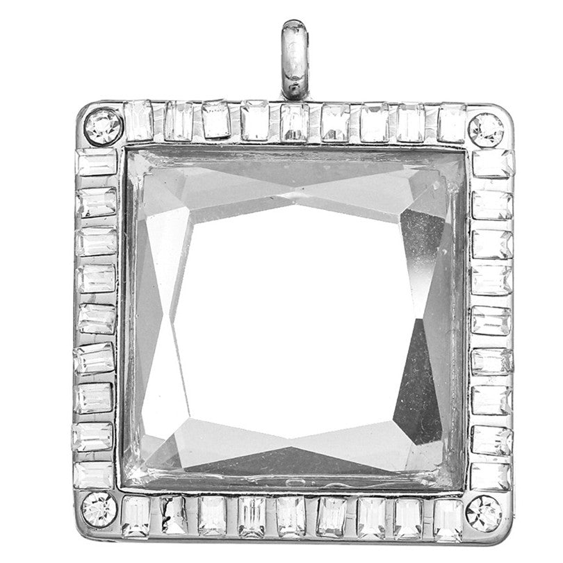 Glass Locket Pendant Magnetic - Magnifying Square Rhinestone with Chain