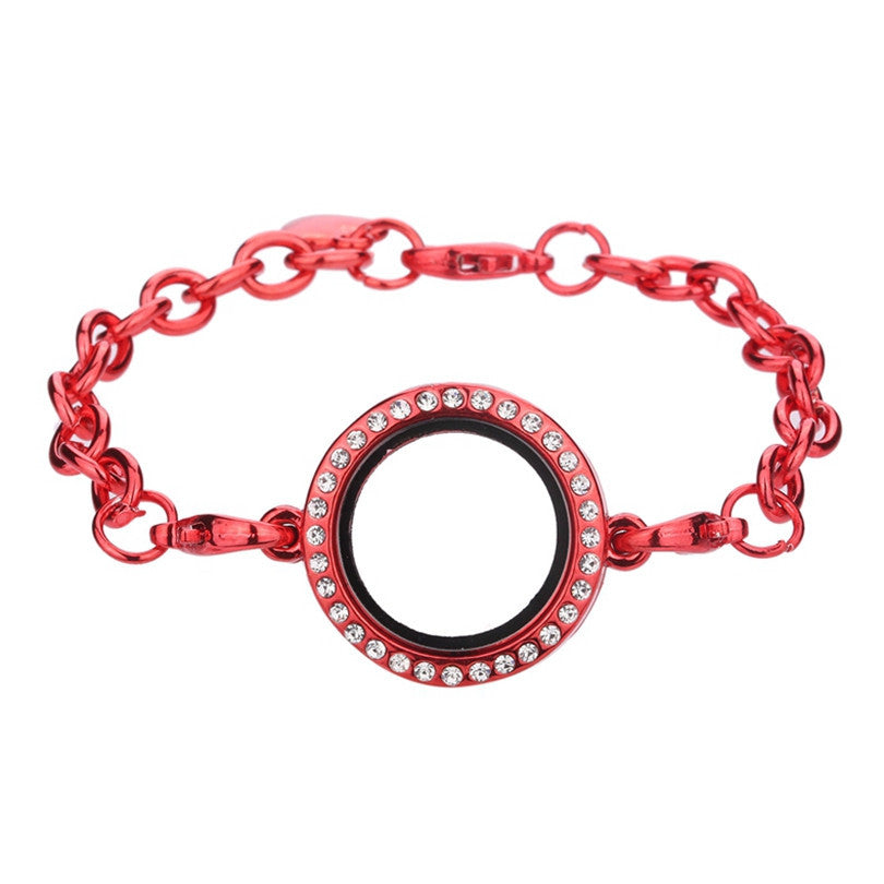 Metallic Orange Chain Bracelet Rhinestone Round Circle Magnetic Glass Locket