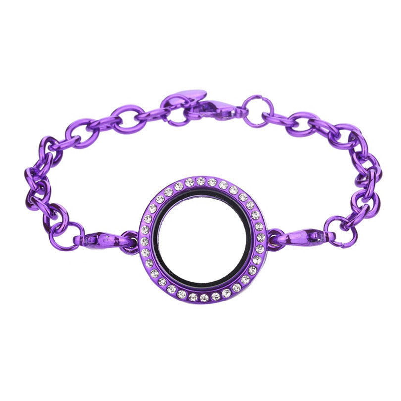 Metallic Purple Chain Bracelet Rhinestone Round Circle Magnetic Glass Locket