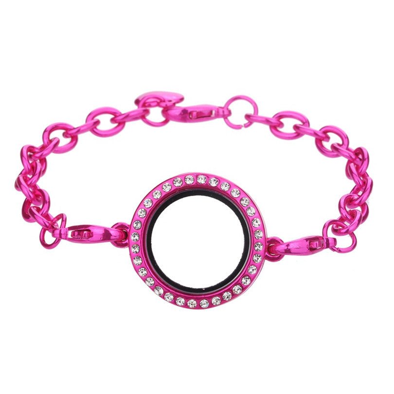 Metallic Hot Pink Chain Bracelet Rhinestone Round Circle Magnetic Glass Locket