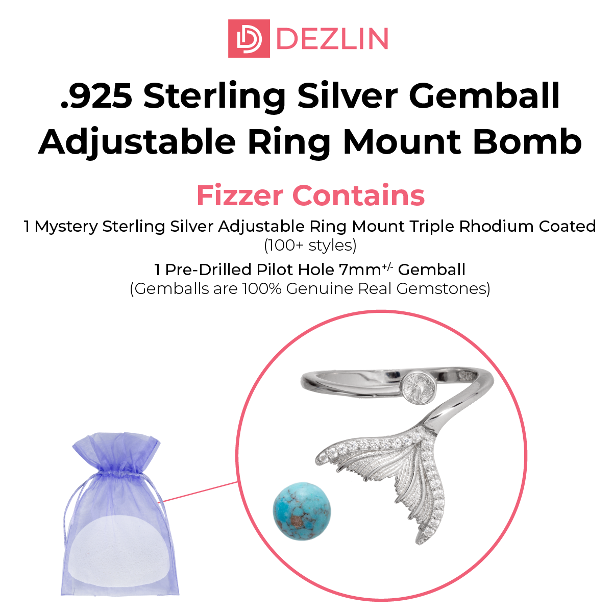 Gemball Bomb Adjustable Ring Mount Sterling Silver with Rhodium Coating