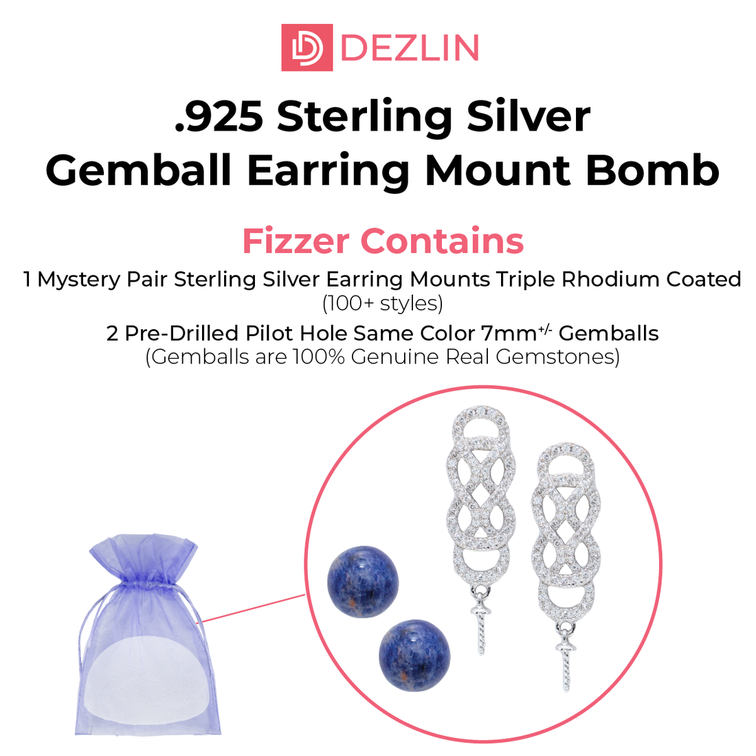 Gemball Bomb Earring Mount Sterling Silver with Rhodium Coating