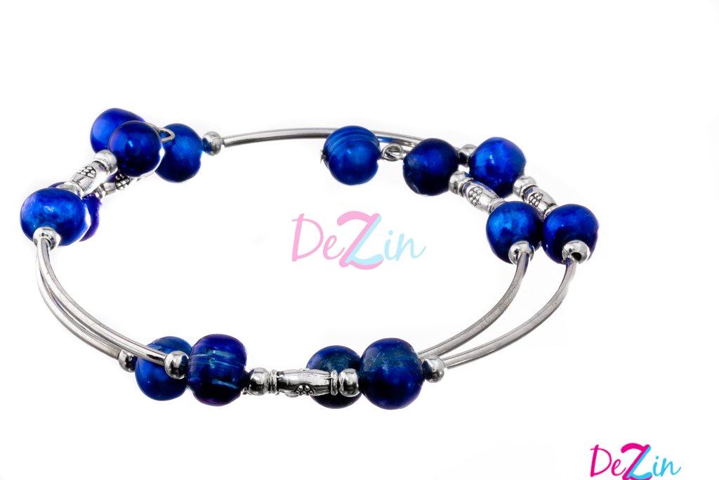 Bracelet - Blue Double Wire Wrap Stainless Steel with Pearls