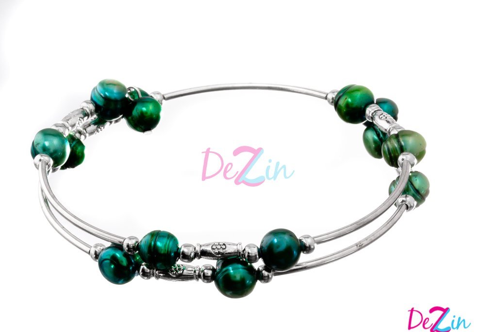 Green Double Wire Wrap Stainless Steel Bracelets With Freshwater Pearls