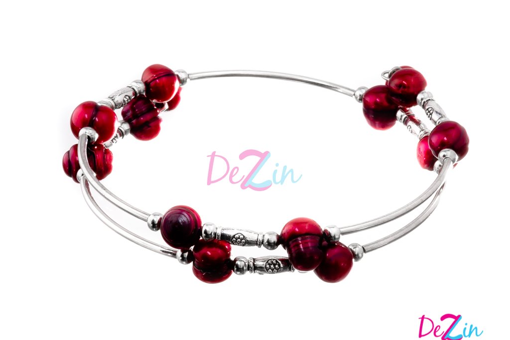 Bracelets - Red Double Wire Wrap Stainless Steel With Freshwater Pearls