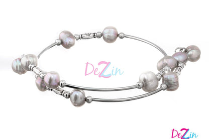 Silver Double Wire Wrap Stainless Steel Bracelets With Freshwater Pearls