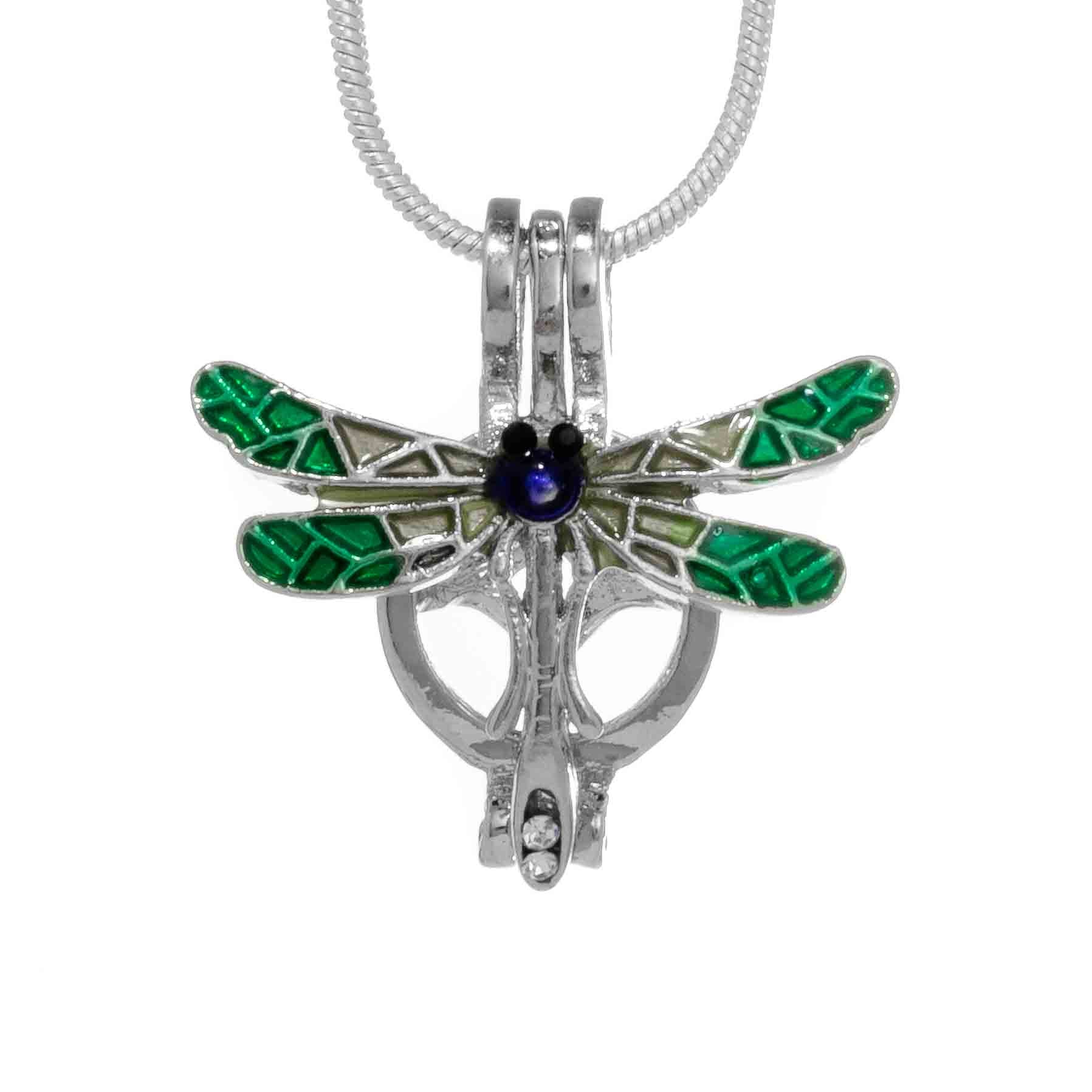 Dragonfly Colorful Wings and Body Silver Plated Cage Pendant Default