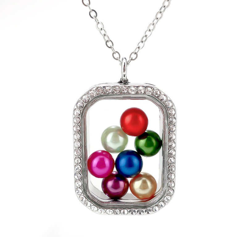 Magnetic Rectangle Shaped Glass Locket with Rhinestones Default