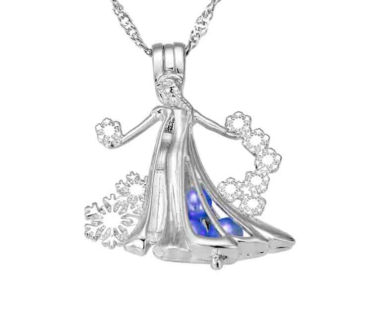 Disney Frozen Elsa with Snowflakes Silver Plated Cage Pendant 1.5”  Default