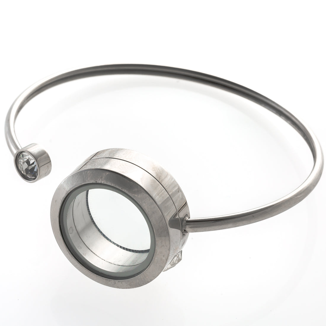 Smooth Stainless Steel Bangle with Screw On Glass Locket with Single Rhinestone Default