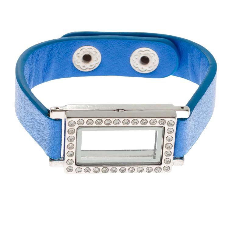 Bracelet Blue PU Leather Rectangle Glass Locket