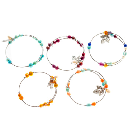5 Pack Bracelet with Colorful Pearls Charms and Dangles