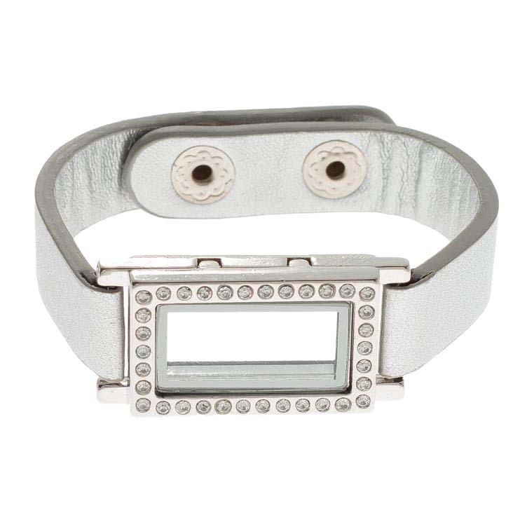 Bracelet Silver Metallic Rectangle PU Leather Glass Lockets