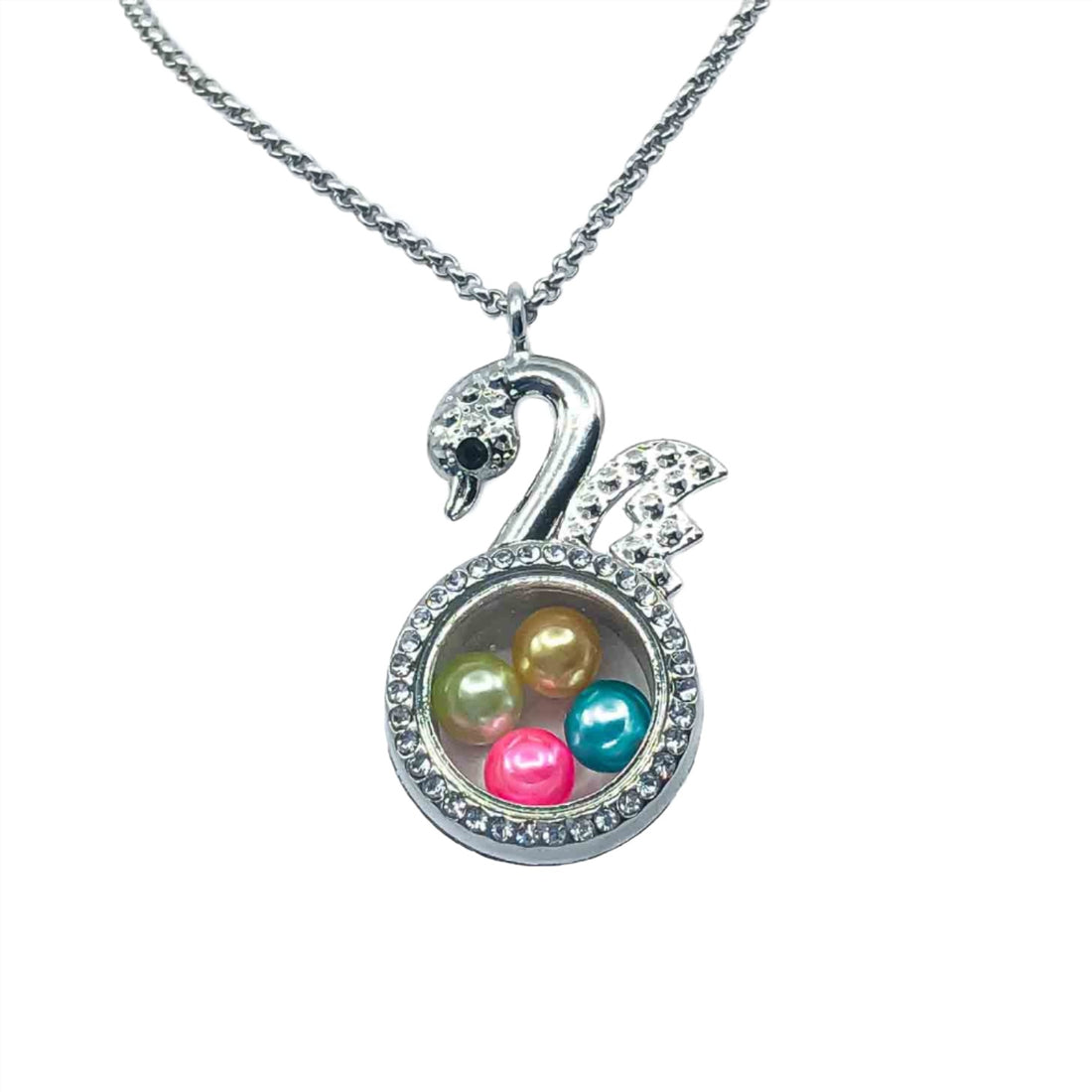 Swan Bird Rhinestone Glass Locket (Holds Large Pearls Gemstones) Default Title
