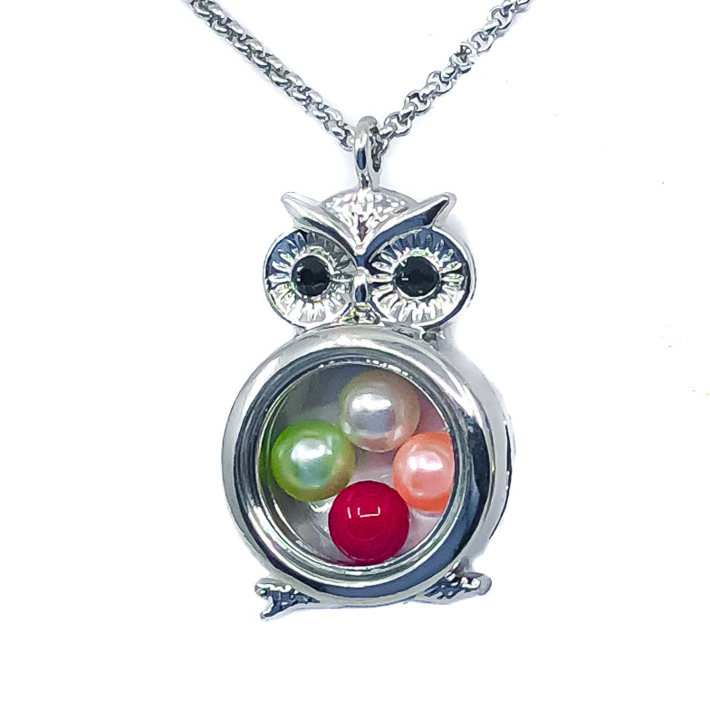 Rhinestone Owl Glass Locket Holds Large Pearls and Gemstones