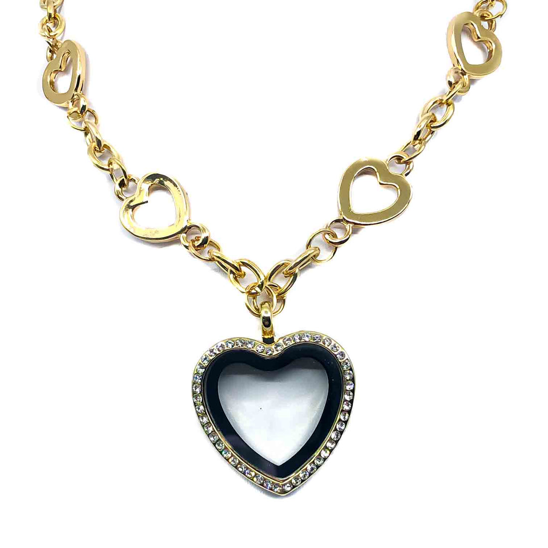 Gold Plated Rhinestone Heart Glass Locket Necklace Chain Default Title