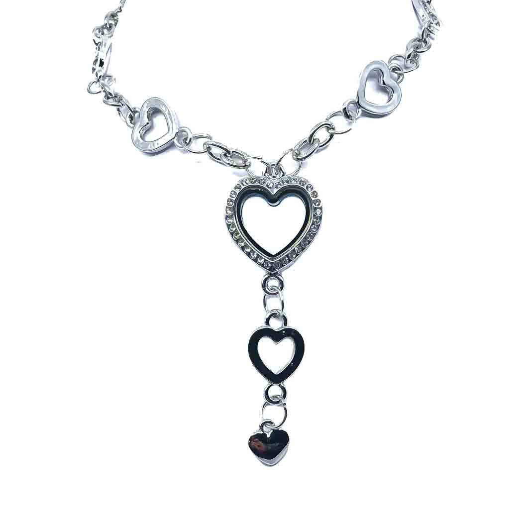 Dual Dangle Rhinestone Heart Silver Plated Glass Locket Necklace Chain Default Title