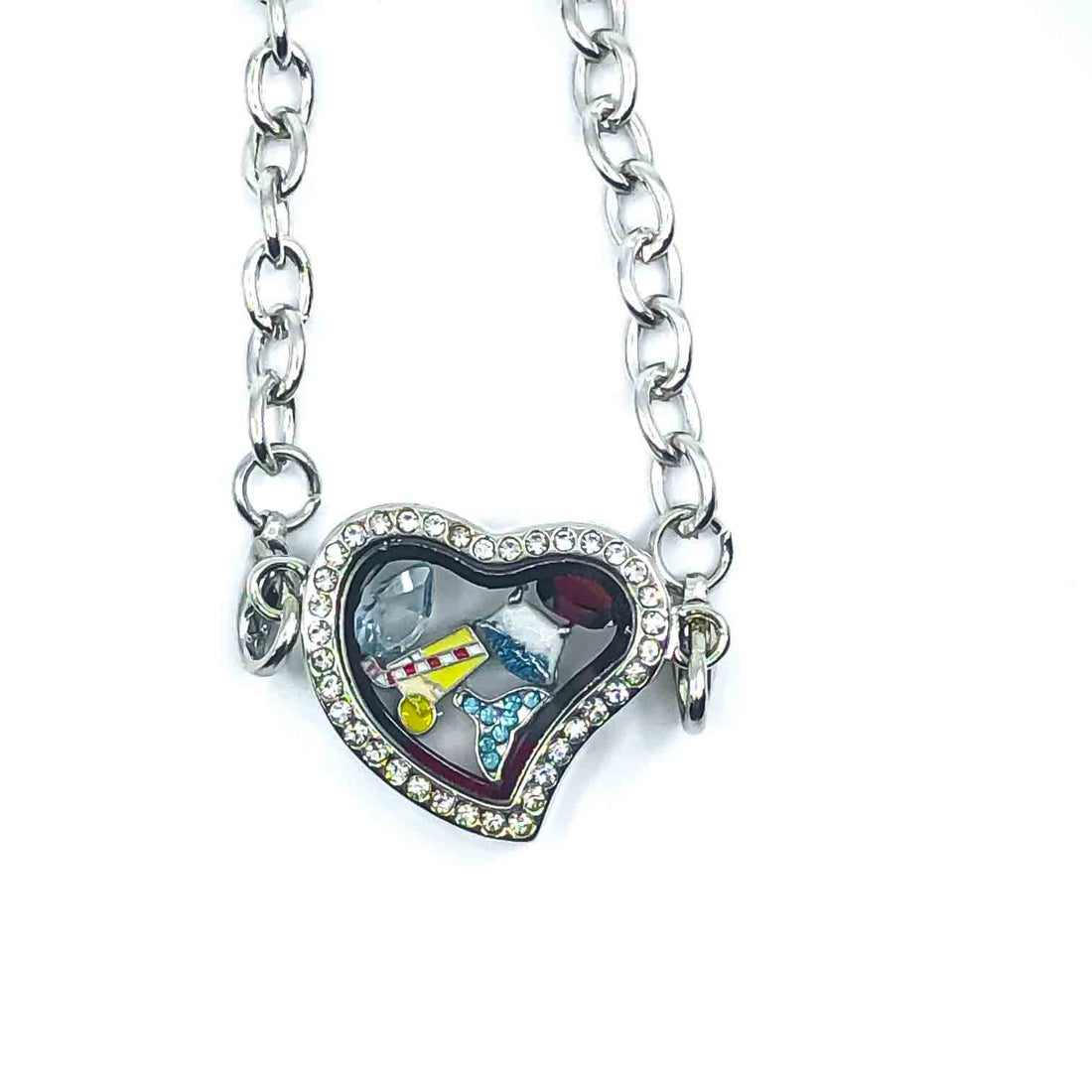 Adjustable Chain Bracelet 30mm Rhinestone Heart Glass Locket Silver Plated Default Title