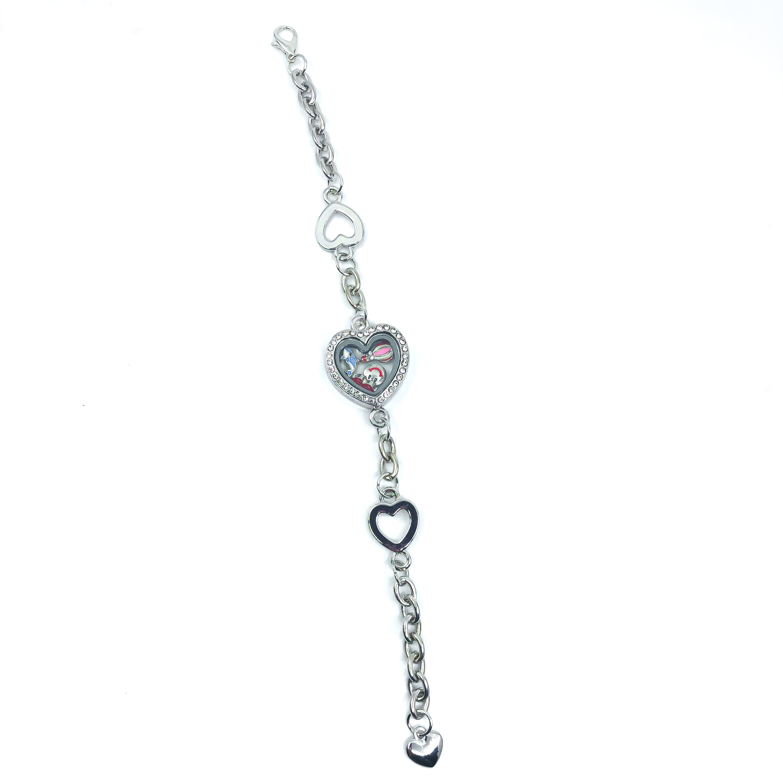 Heart Chained Bracelet with Rhinestone Heart Glass Locket Silver Plated
