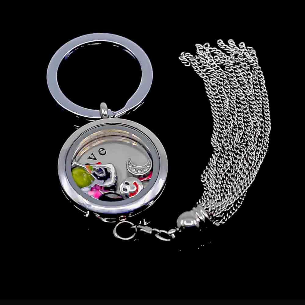 Glass Locket Keychain Magnetic - Tassel Round Smooth Stainless Steel
