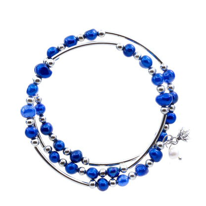 Pulseras de acero inoxidable con doble envoltura de alambre azul y perlas de agua dulce